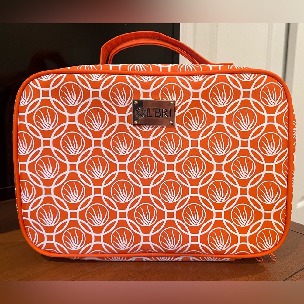 L'BRI Pure Globe Orange Geometric Pattern Cosmetic Travel Bag